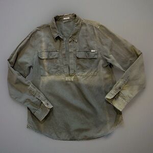 Mother Linen Cotton Top Sz L Frenchie Slip Over Military Green Long Sleeve Boho